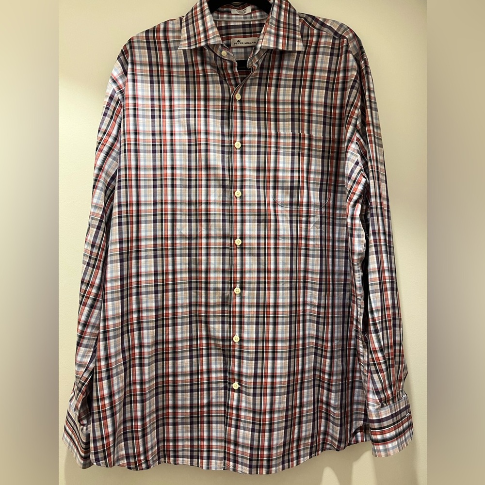 Peter Millar Multicolor Cotton Plaid Spread Collar Dress Shirt XL- Long Sleeve